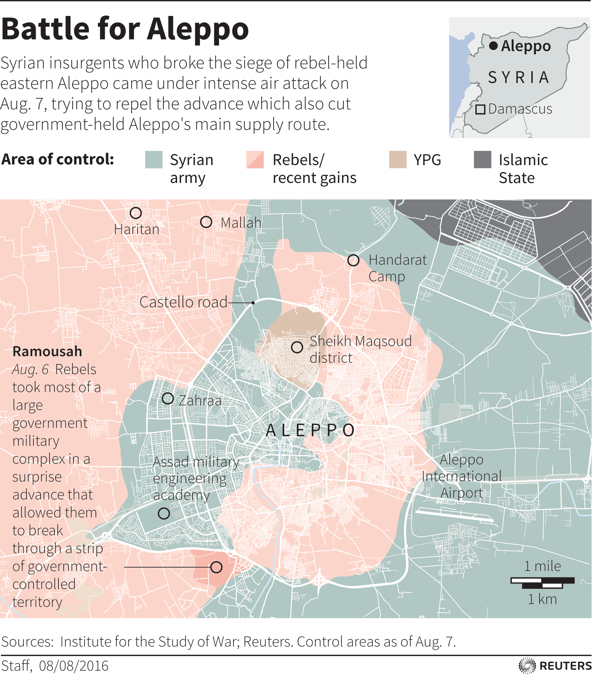 Map of Syria's Aleppo locating recent incidents and control areas.