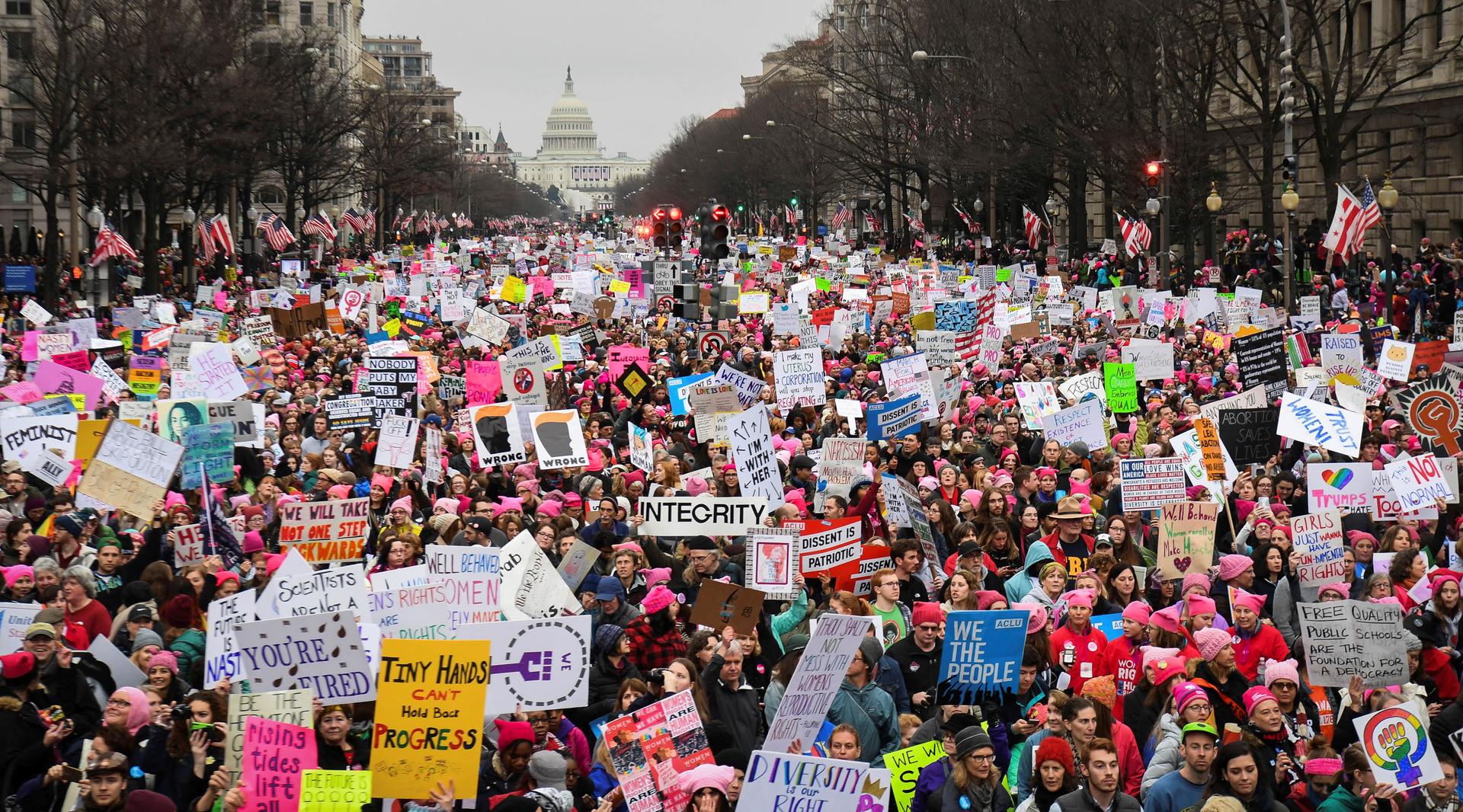 Hundreds of thousands march down Pennsylvania Avenue during the Women's March in Washington, DC, January 21, 2017.