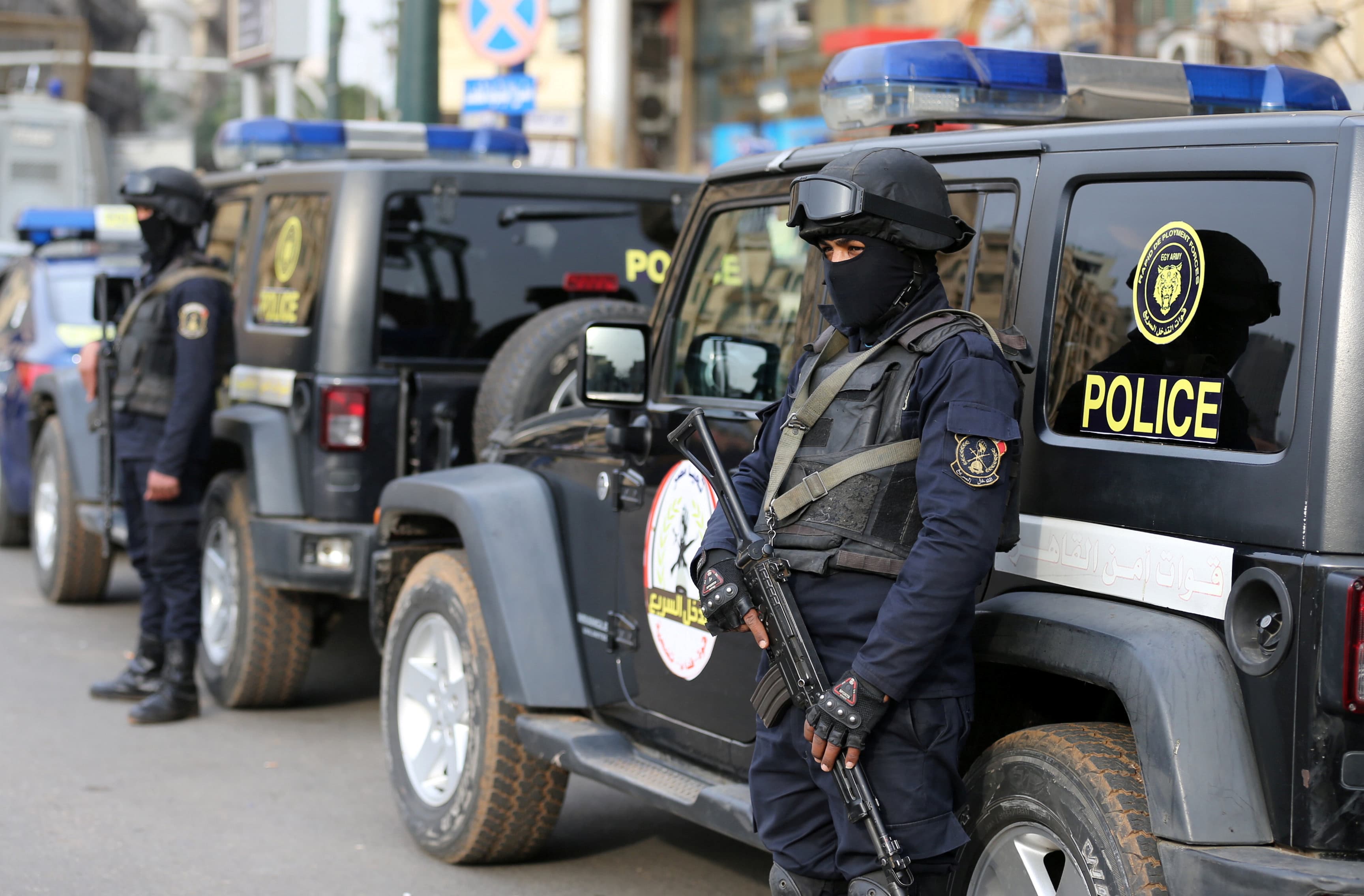 Egyptian security forces stand guard during the sixth anniversary of the 2011 uprising at Tahrir Square in Cairo, Egypt, Jan. 25, 2017.
