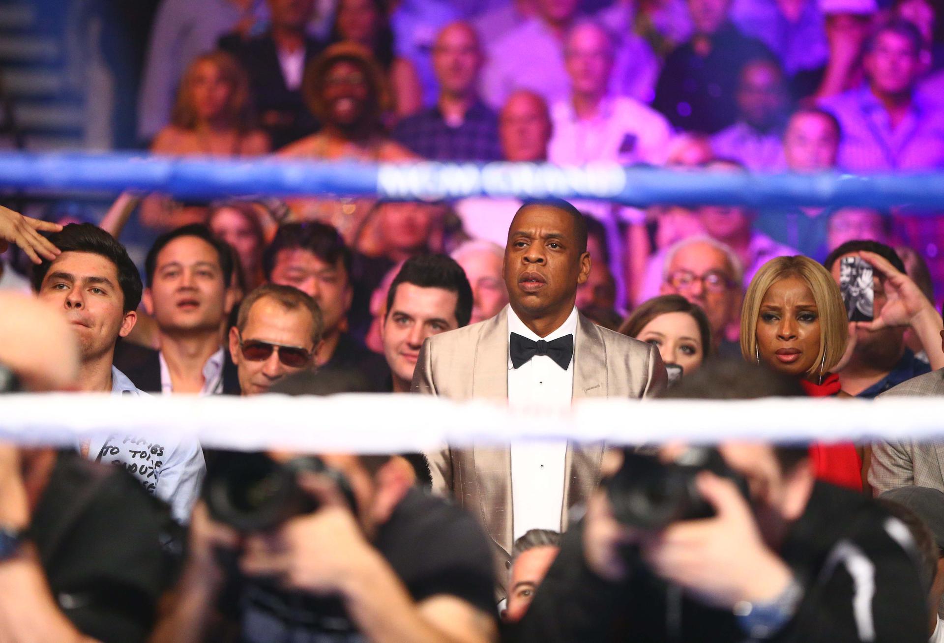Recording artist Jay Z in attendance during the world welterweight championship bout between Floyd Mayweather and Manny Pacquiao at MGM Grand Garden Arena.