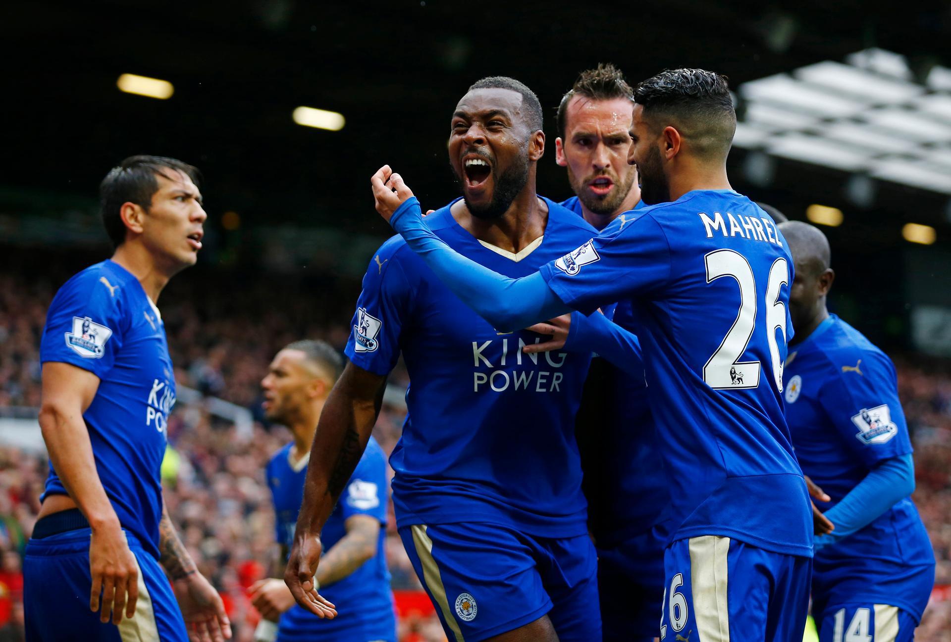 Leicester City's Wes Morgan celebrates scoring their first goal versus Manchester United, May 1, 2016.