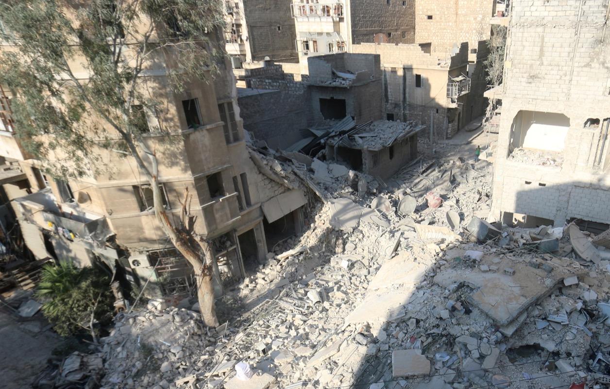 The site of the airstrike where Omran Daqneesh got injured in the al-Qaterji neighborhood of Aleppo, Syria photographed on Aug. 18. The Daqneesh family lived in the building on the left.