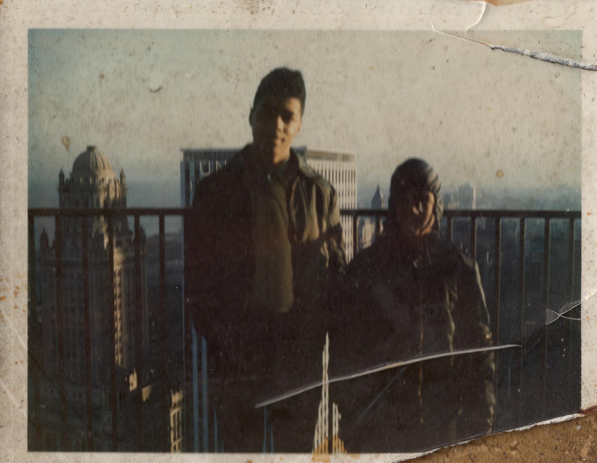 Former Marina City paperboy Robin Washington, right, and his brother Glen on an East Tower balcony in the late 1960s, when the buildings dominated Chicago's skyline.