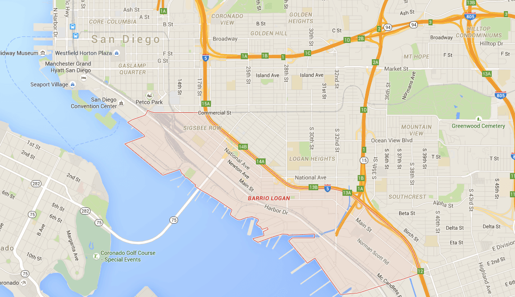 A Google map of Barrio Logan, just across the way from the San Diego Convention Center which is the epicenter of Comic-Con
