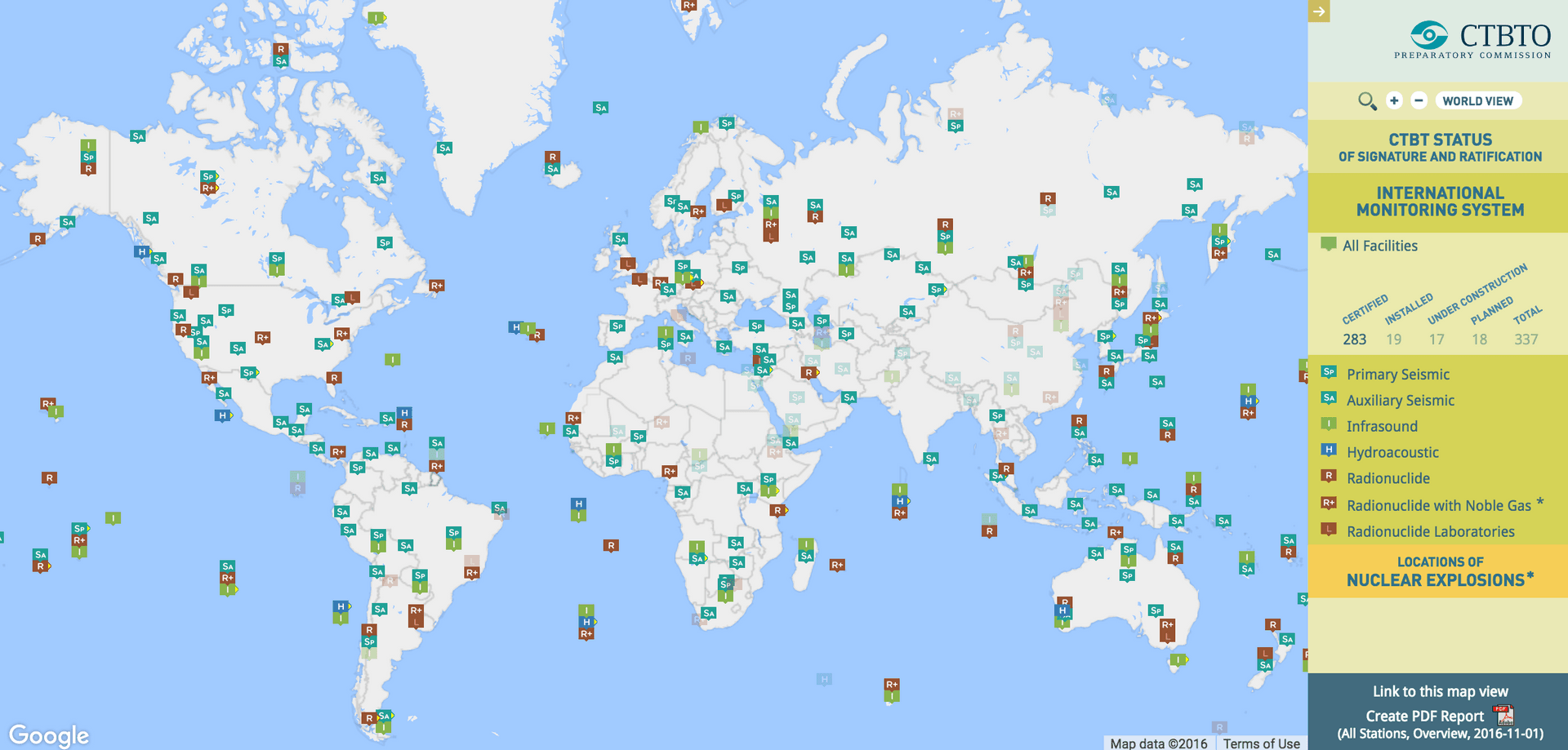 A map of the Comprehensive Nuclear-Test-Ban Treaty Organization Preparatory Commission's International Monitoring System for detecting nuclear tests, as of Nov. 1, 2016.