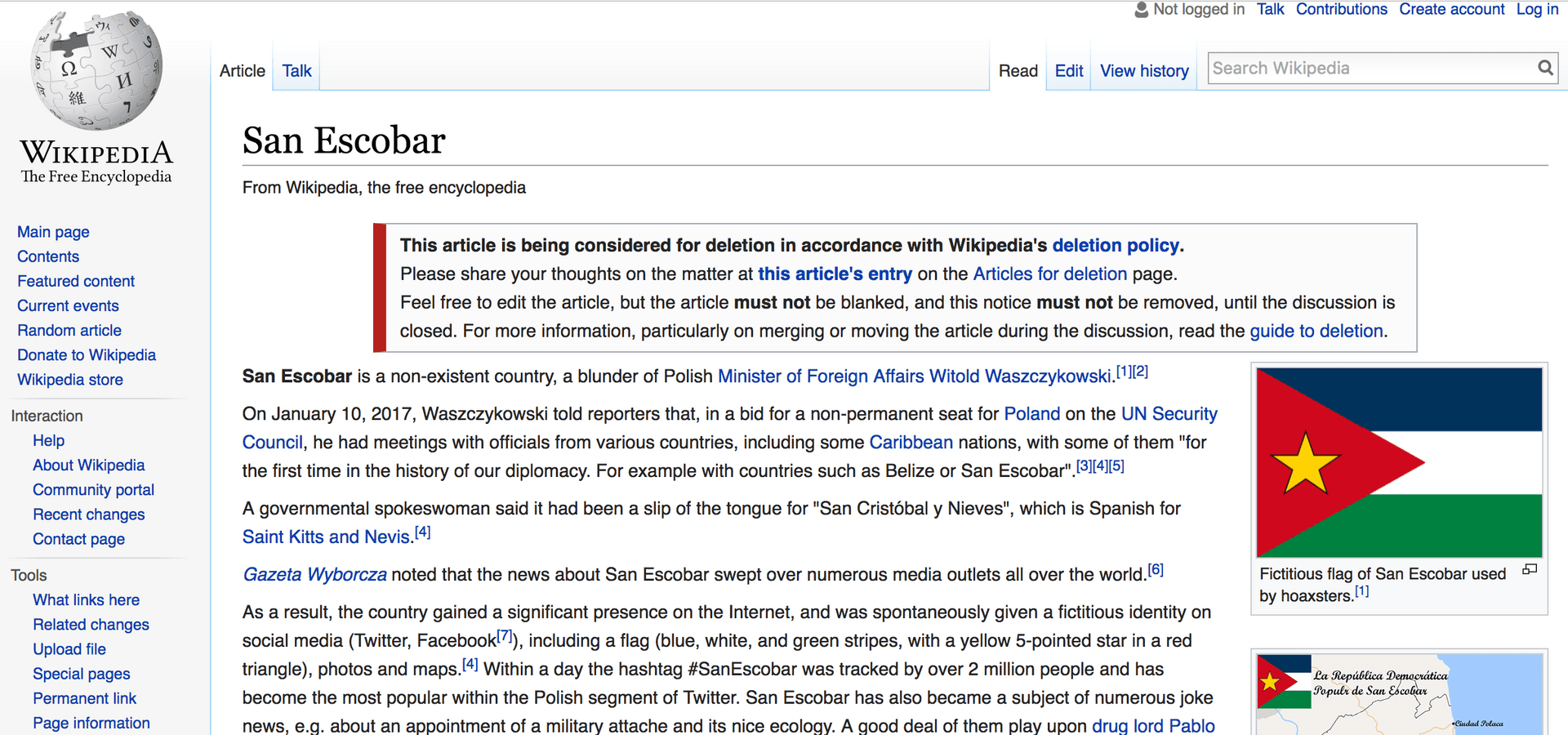 User-created online encyclopedia entries at Wikipedia now include the story of San Escobar.