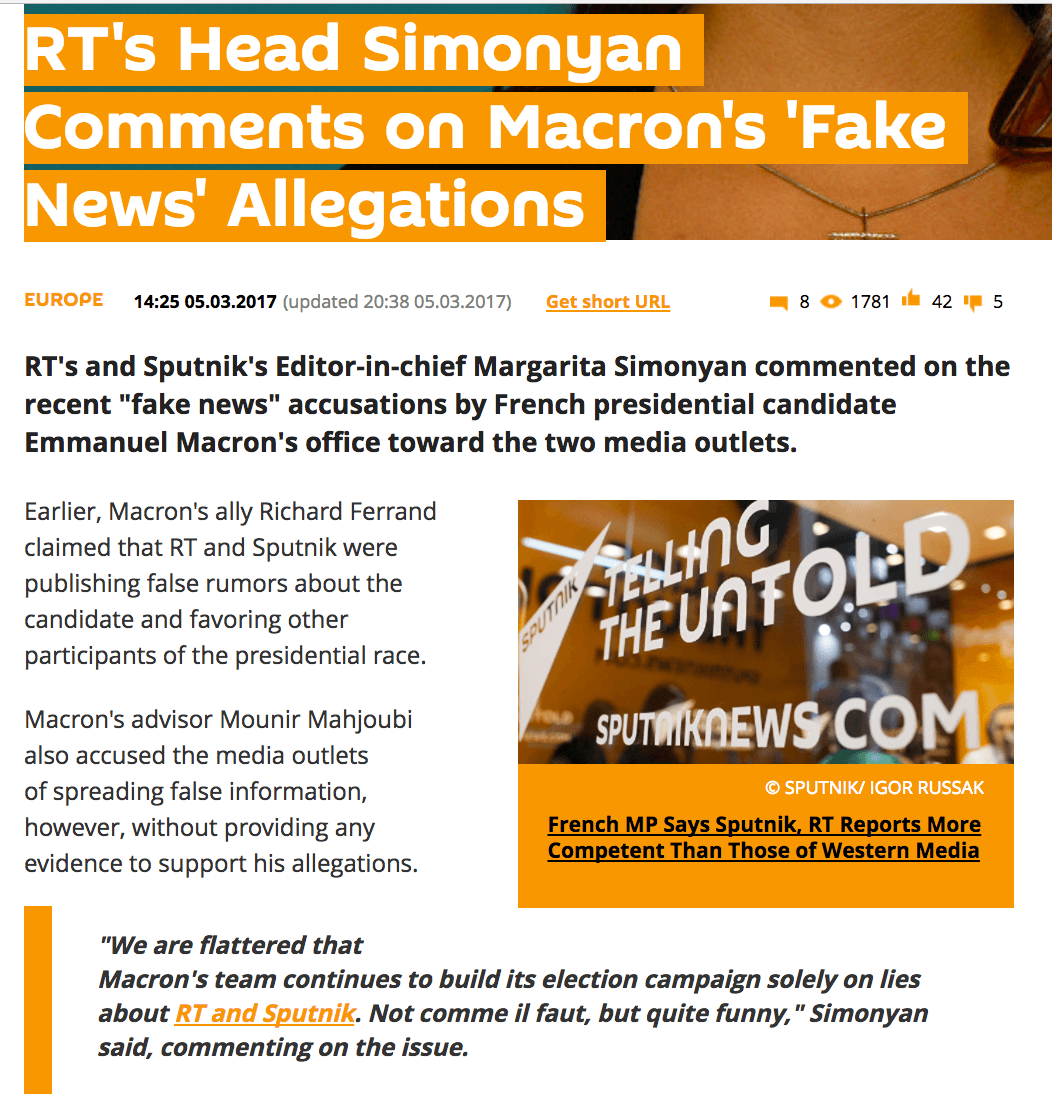 Margarita Simonyan, editor-in-chief of RT and Sputnik, shrugged off the accusations in France her Russian outlets were spreading fake news.