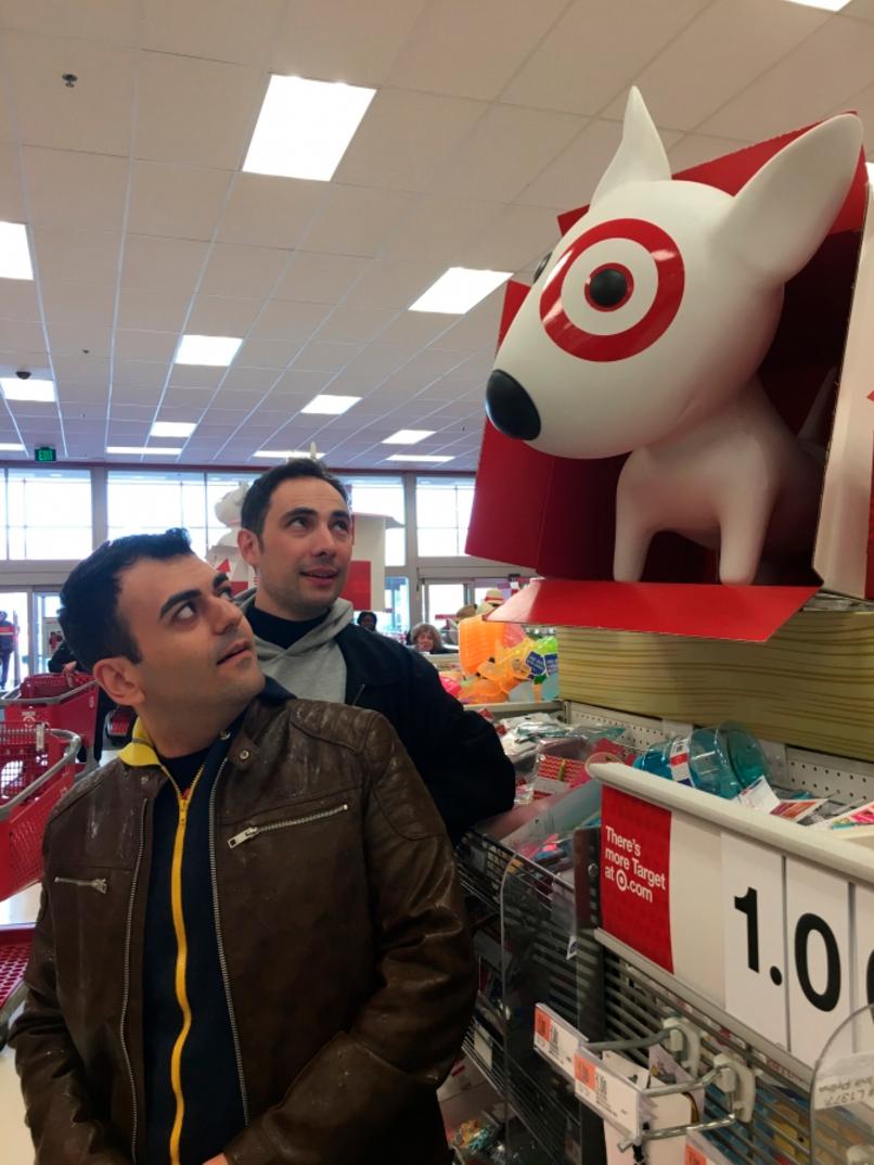 Narek Margaryan and Sergey Sargsyan, the hosts of Armenia's first satirical news program, ArmComedy, discover Target on a recent visit to the United States.