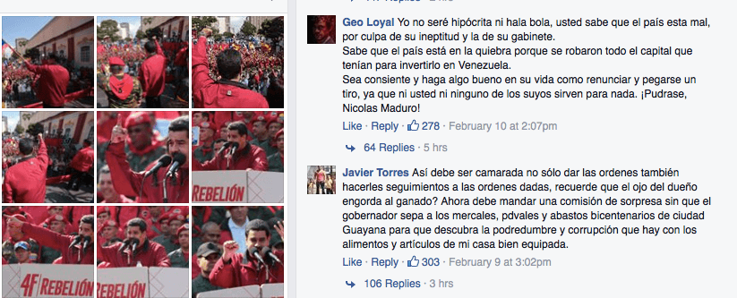 Screenshot of the Facebook wall of the President Nicolás Maduro.