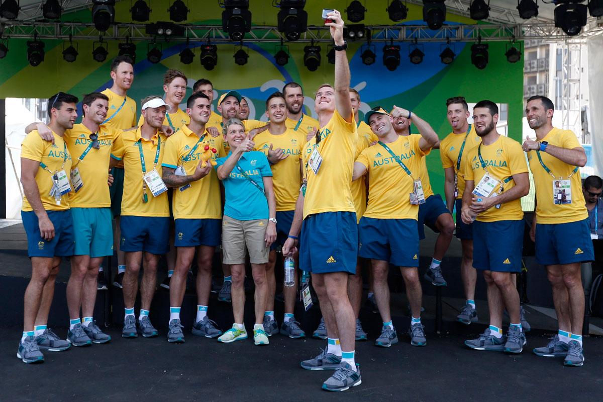 Members of Australian delegation pose for a selfie photo at Olympics village.