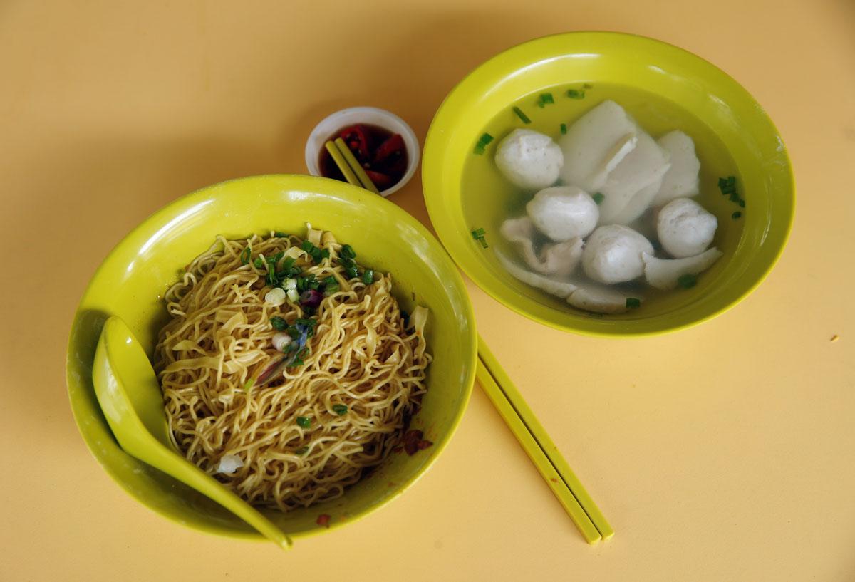 A $2.20 bowl of fishball noodles is seen at Thye Hong Handmade Fishball Noodle stall.