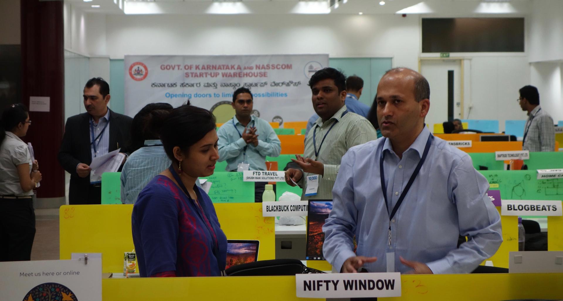 Indian startup entrepreneurs pitch their ideas to potential investors at the Startup Warehouse in Bangalore 
