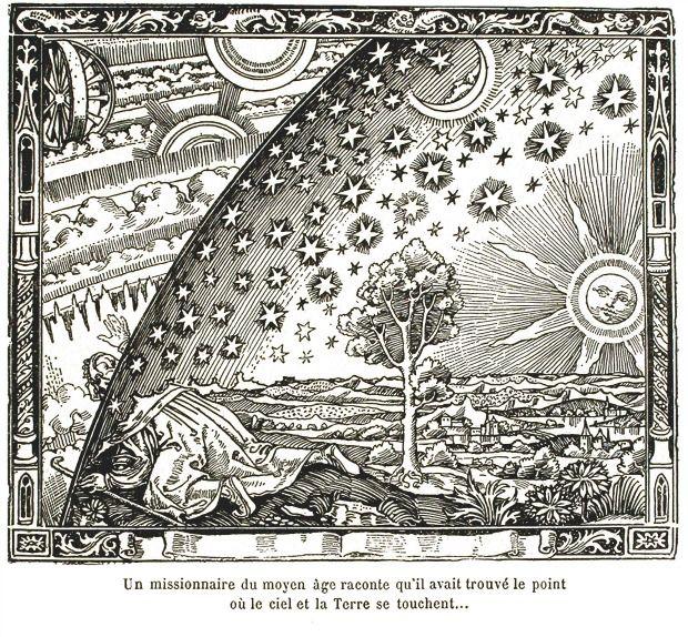 The caption of this 1888 engraving reads: “A missionary of the Middle Ages recounts that he had found the point where heaven and Earth meet.”