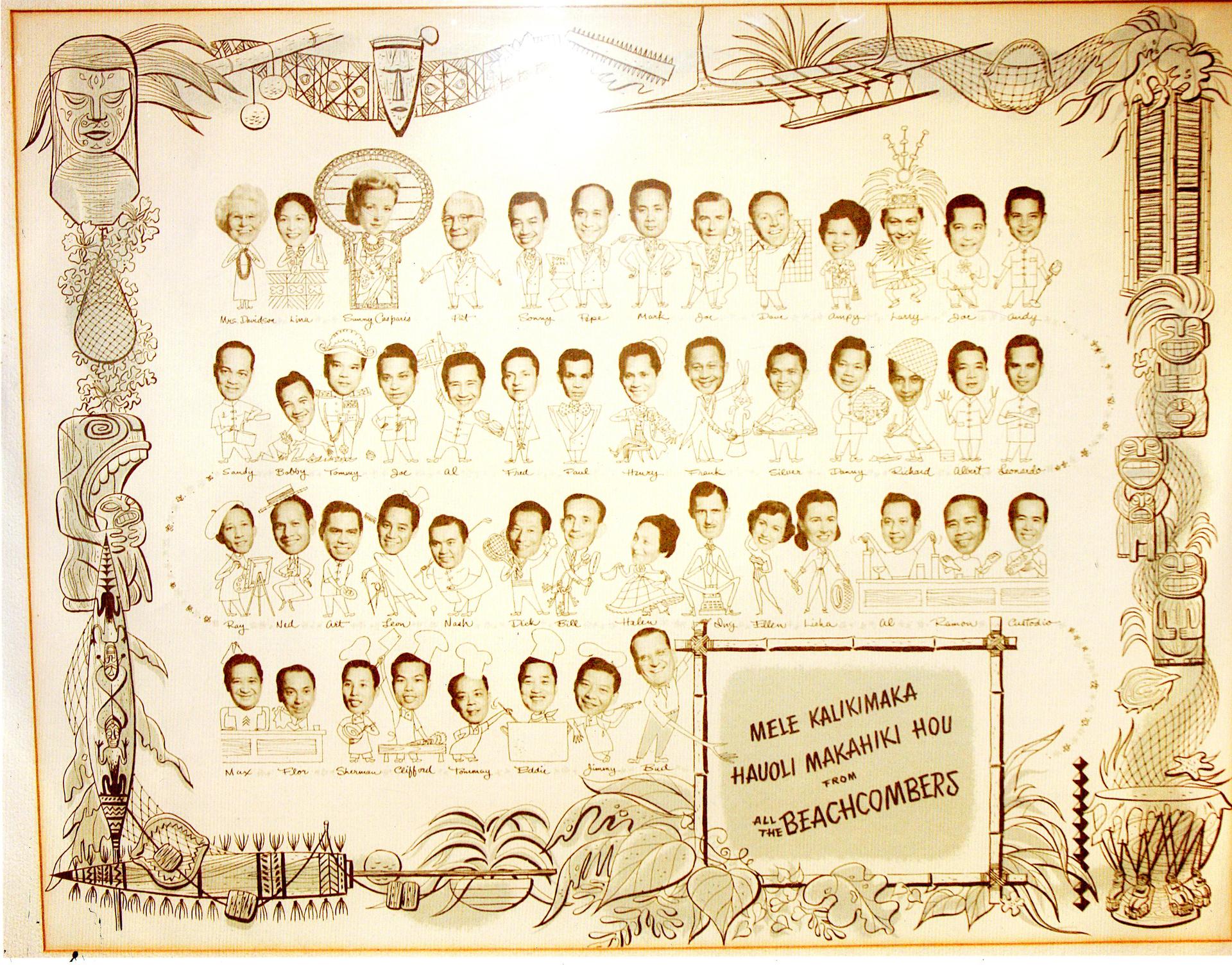 Vintage poster of faces, line drawing, with names below