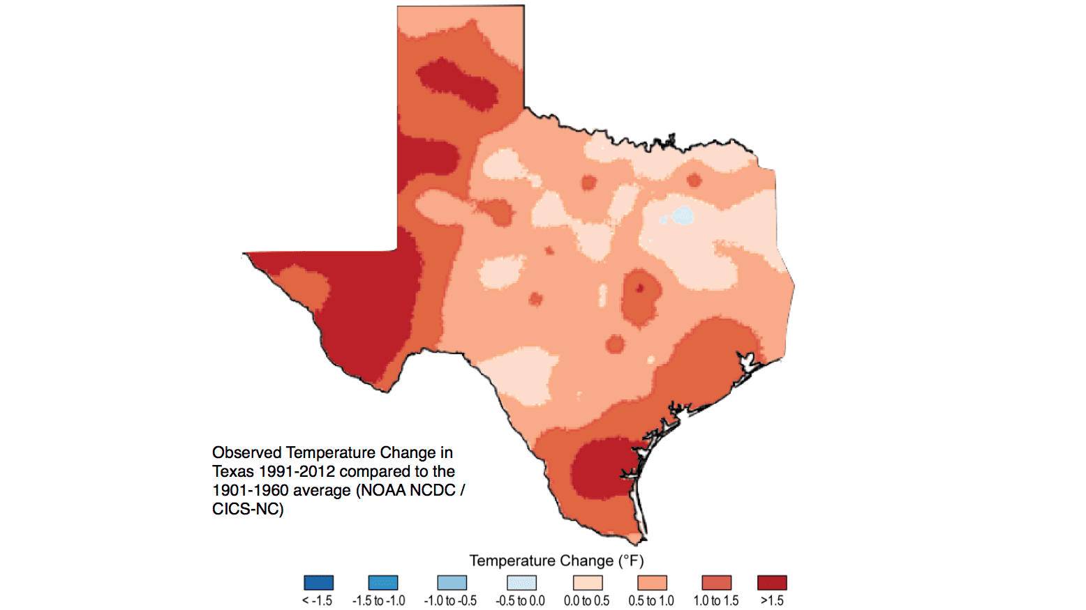 A part of a map from a federal government report on climate change. Temperatures throughout the state of Texas are rising against historical averages, with the Rio Grande Valley getting particularly warm.