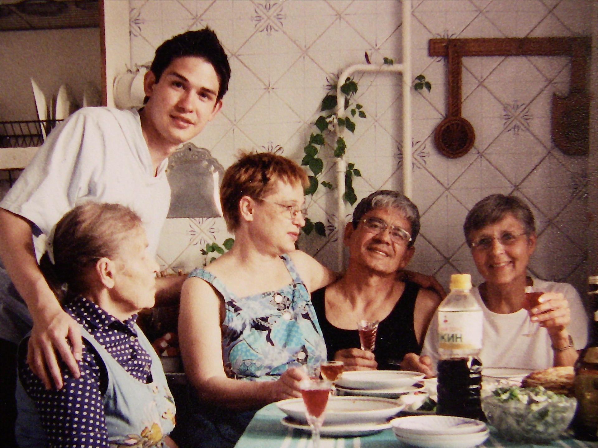 (from left to right) Timur's grandmother Evdokia, Timur with his parents Ludmila and Victor Bekbosunov, and his American mom Delora Donovan, in Almaty, Kazakhstan in 1997.