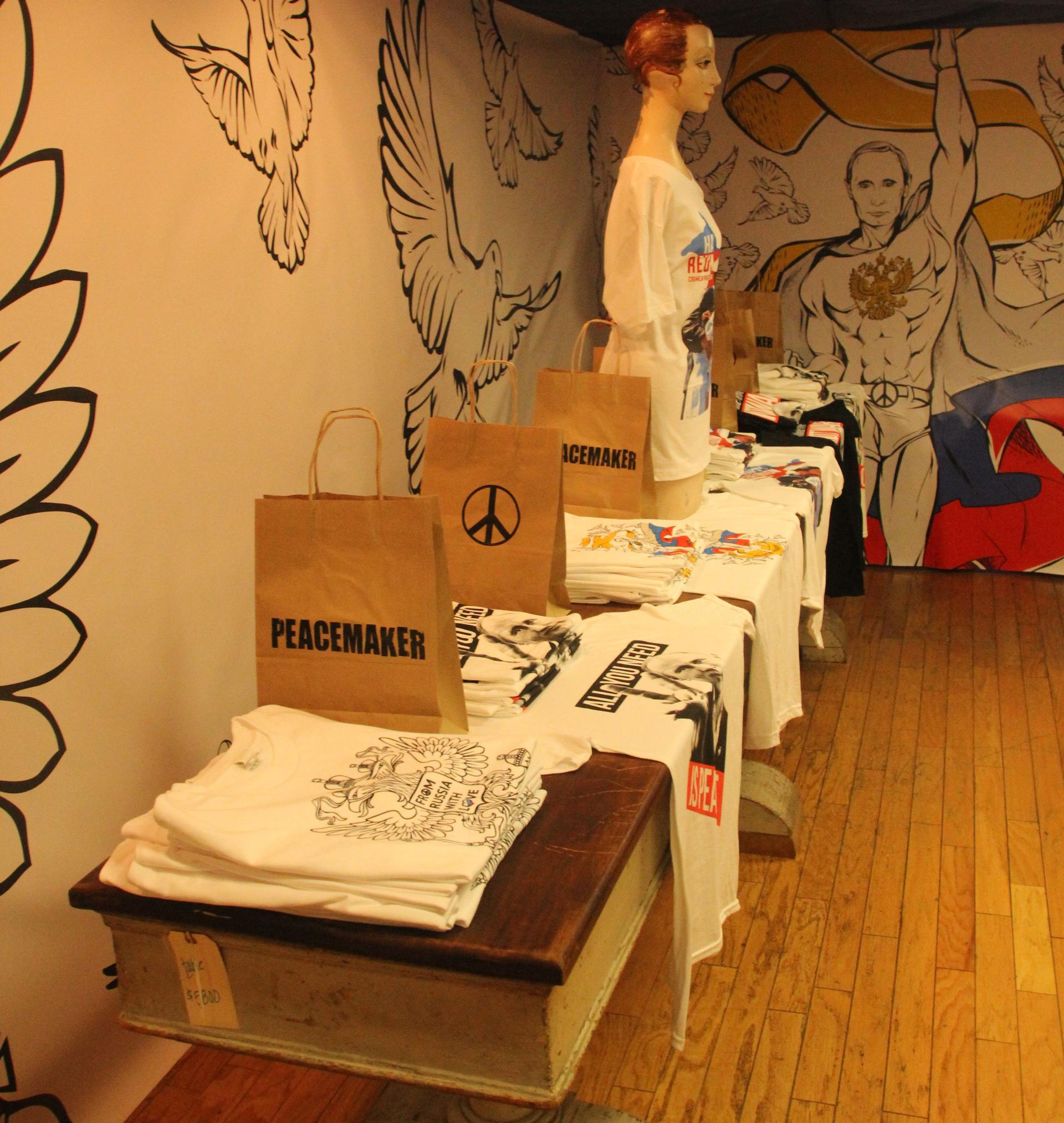 T-Shirts at Kacinskis’s pop-up shop include ones that say “From Russia With Love” with peace and heart symbols replacing the Os, “Make Love Not War,” and “All We Need Is Peace.”