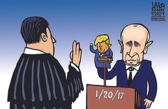 Cartoon of Vladimir Putin being sworn in as US president with a puppet shaped like Donald Trump