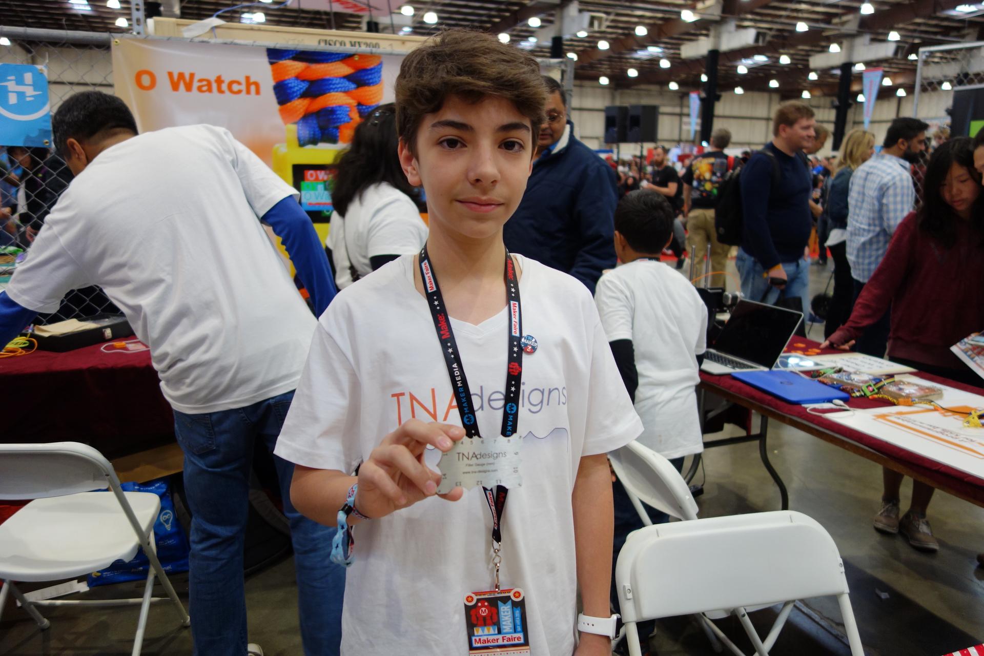 Tuna Tumer, 14, from Ankara, Turkey, with one of his inventions, at the 2016 Silicon Valley Maker Faire in San Mateo, CA