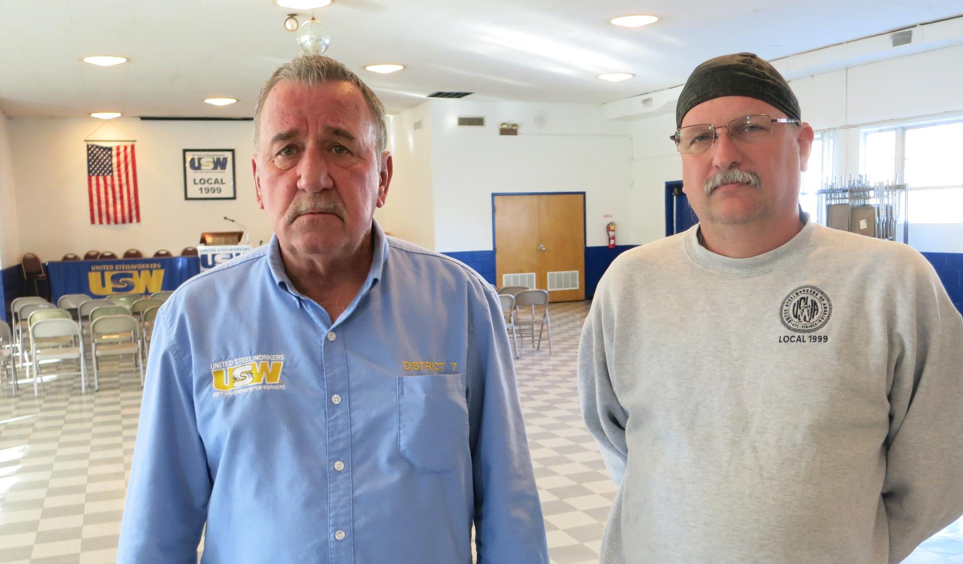 Chuck Jones (left) and Kelly Ray Hugunin, local reps with the United Steelworkers in Indianapolis, didn’t vote for Trump. They call his talk of renegotiating trade deals “sound bites” on the campaign trail.