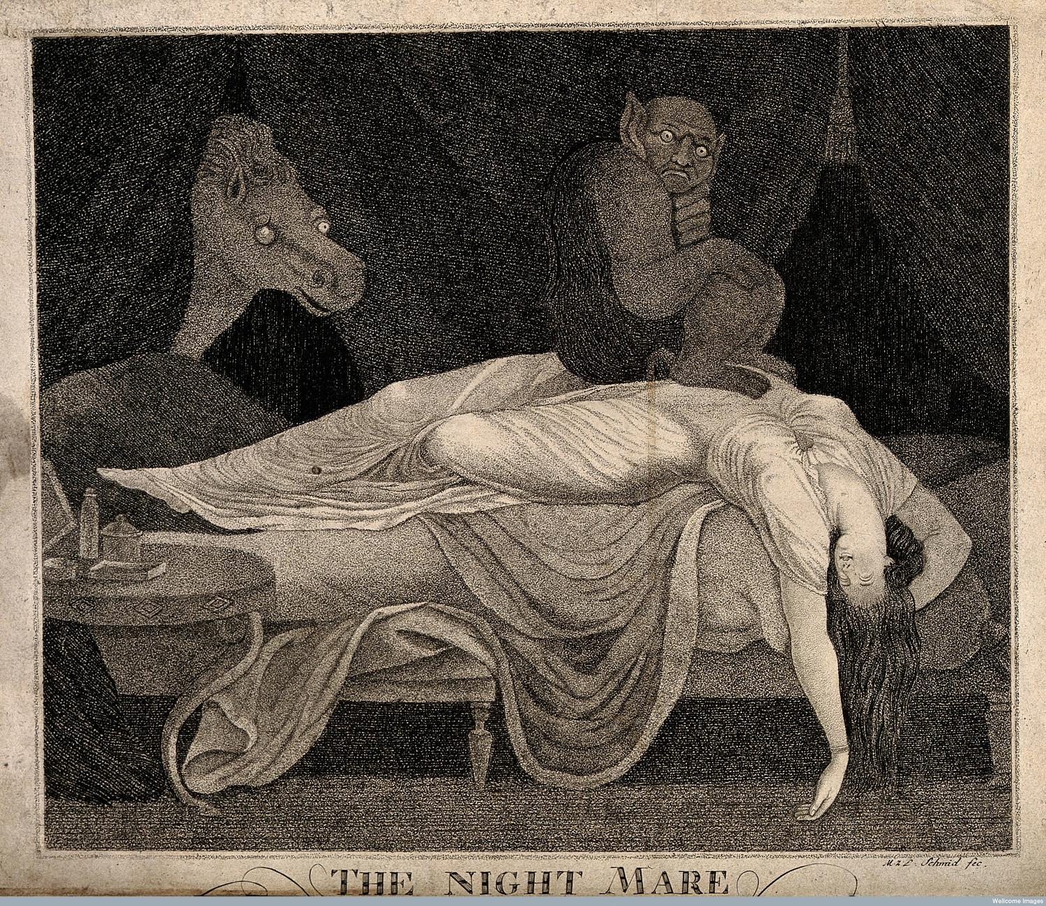 In this engraving by Martin Joachim Schmidt, a devil sits on a sleeping woman’s stomach. Historically, sufferers of sleep paralysis often claimed it felt like a demon or witch was perched on their chest. Image courtesy of the Wellcome Library, London