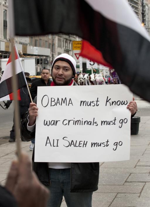 Members of the Yemeni-American community protest the visit to the US of embattled outgoing Yemeni President Ali Abdullah Saleh on February 2, 2012 in New York.