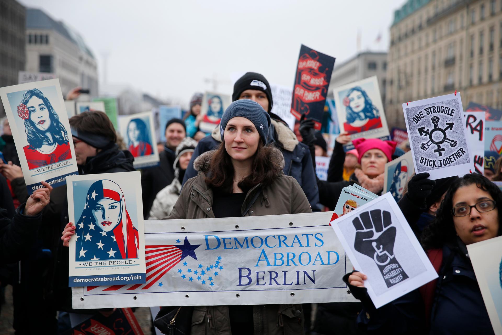 People gather in front of the US Embassy on Pariser Platz beside Brandenburg Gate