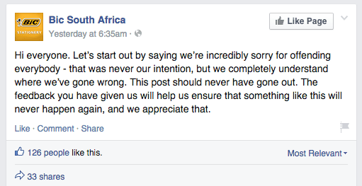 A screenshot of Bic South Africa's apology on Facebook