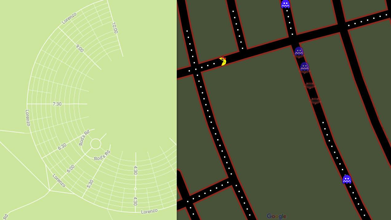The map shows the street grid for Black Rock City, a city that exists only during the annual Burning Man Festival, held in the Black Rock Desert in Nevada. It also shows what the grid looks like as a Ms. Pac-Man game.