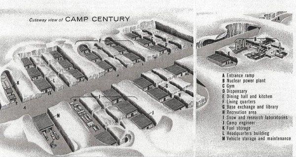 A cutaway view of Camp Century. The facilty dug into the Greenland ice sheet housed up to 200 soldiers and a small nuclear power plant. The reactor and its fuel were removed when the camp was closed, but a small amount of low-level nuclear waste was left