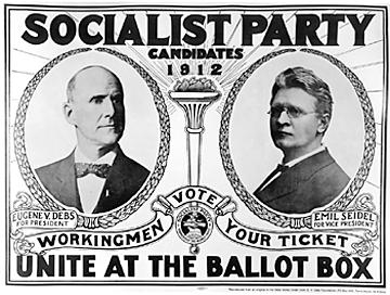 Eugene V Debs and his vice presidential candidate Emil Seidel, photographed, face each other in a campaign ad for the 1912 presidential campaign.