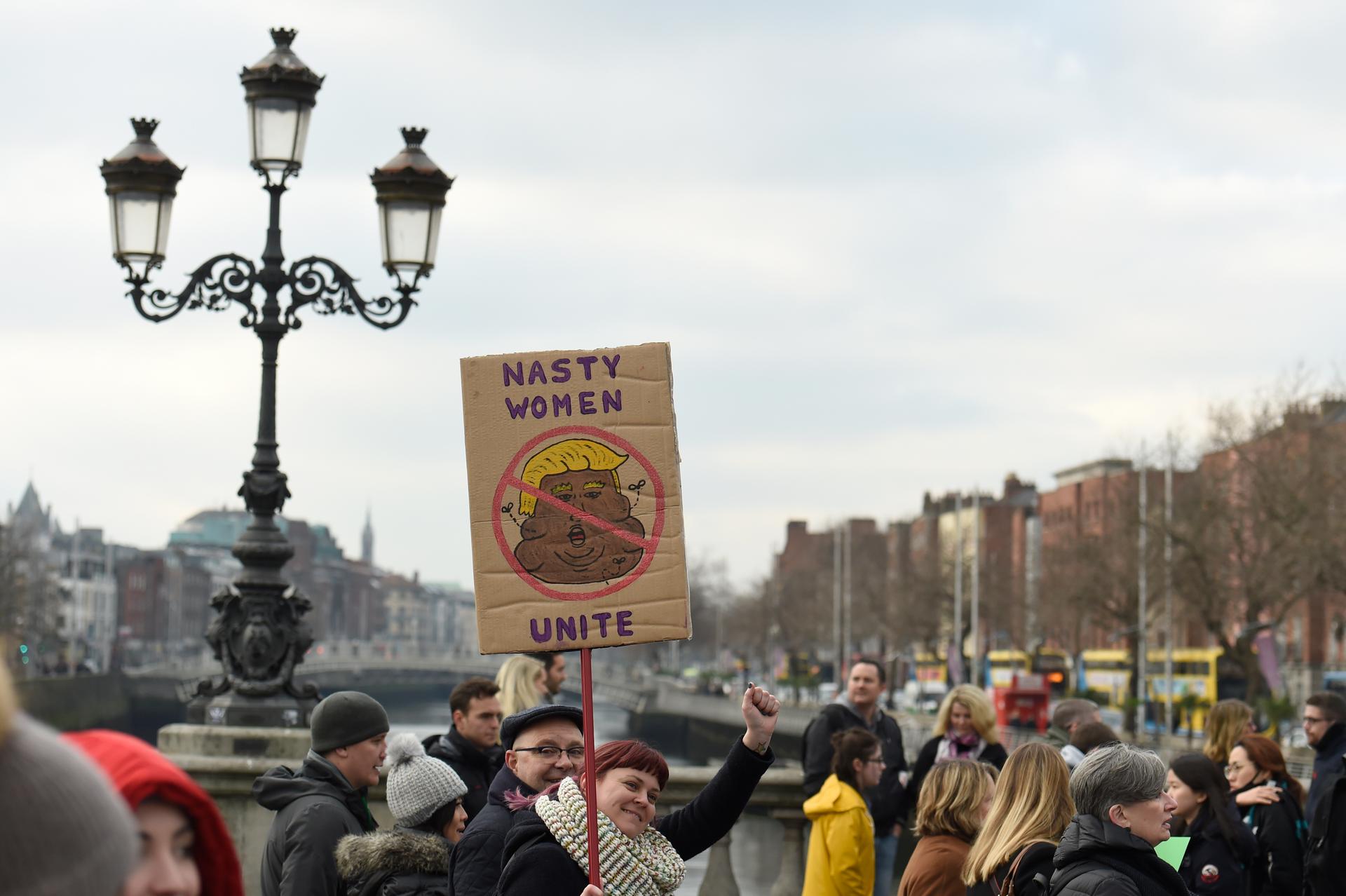Protesters take part in the Women's March on Dublin, Ireland, January 21, 2017