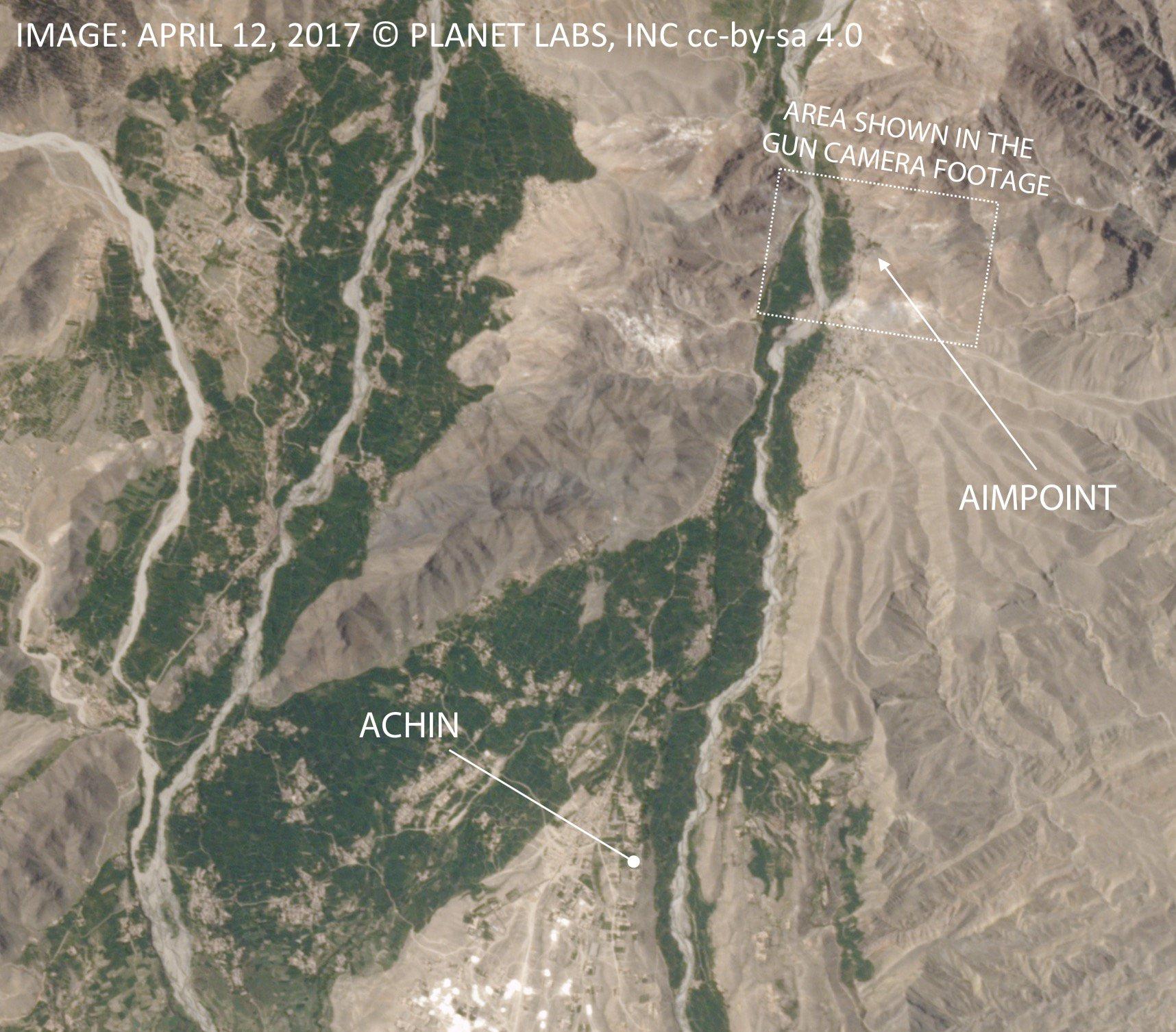 Satellite image of the area in Afghanistan where the US bombed. The greenery can be seen from above.