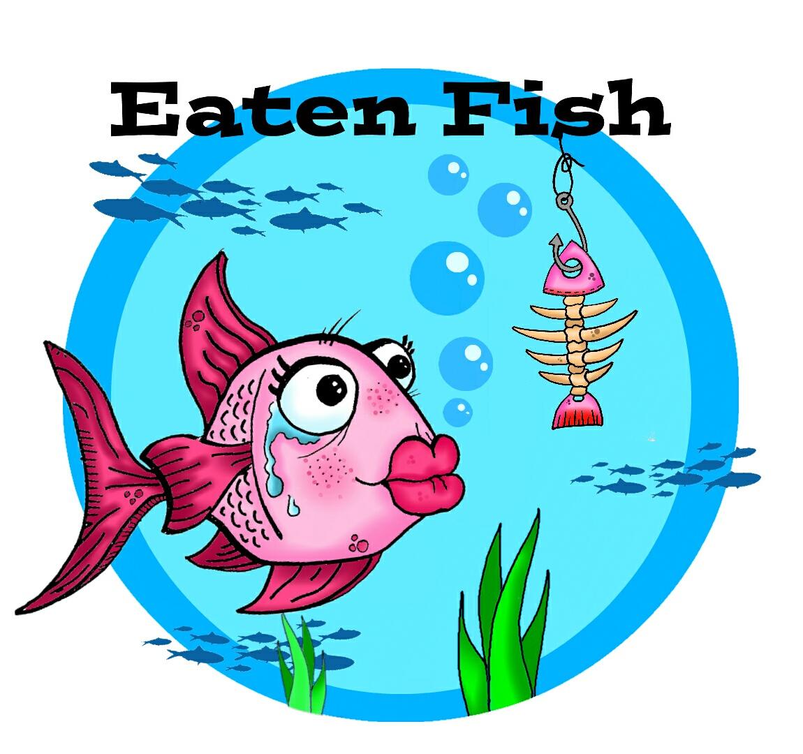 cartoon of  cartoonist Eaten Fish as a fish underwater seeing a big hook at the end of a fishing line with a fish bone on it.