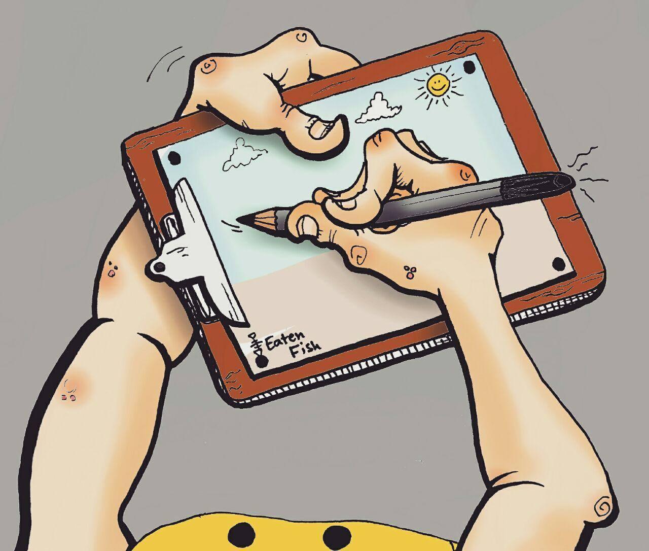 cartoon showing closeup of hand of cartoonist Eaten Fish drawing on a cartoon on a clip board.