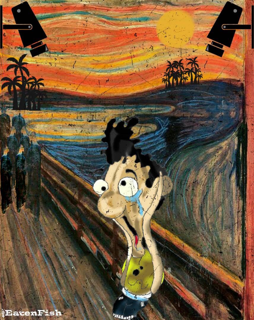 A cartoon by Eaten Fish that is a rework of Edvard Munch's famous painting, The Scream. Eaten Fish is shown screaming and the backdrop is the Manus Island detention camp in Papua New Guinea.