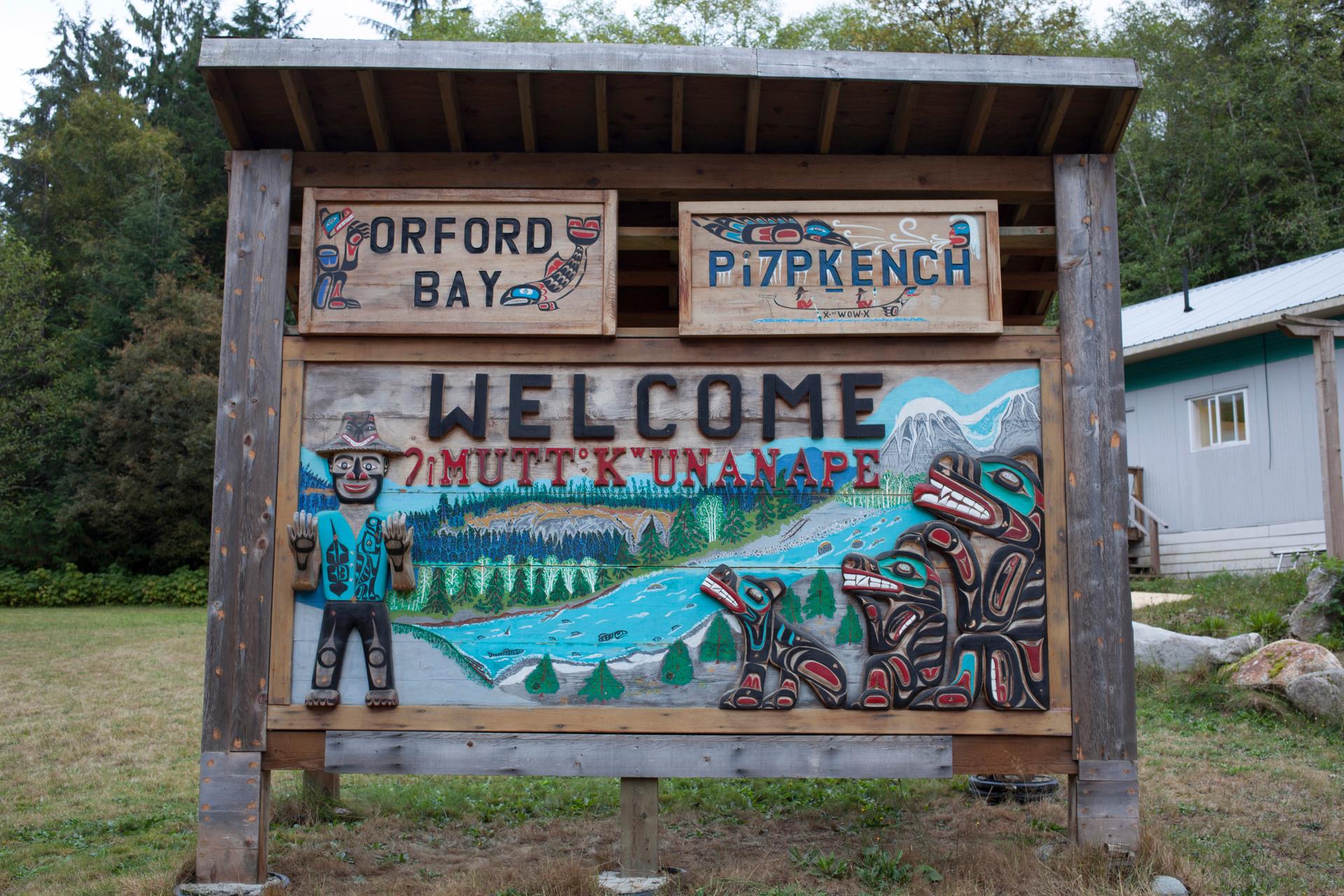 A sign welcomes visitors to the Orford Bay bear watching area in the Homalco Nation's traditional territory in western British Columbia.