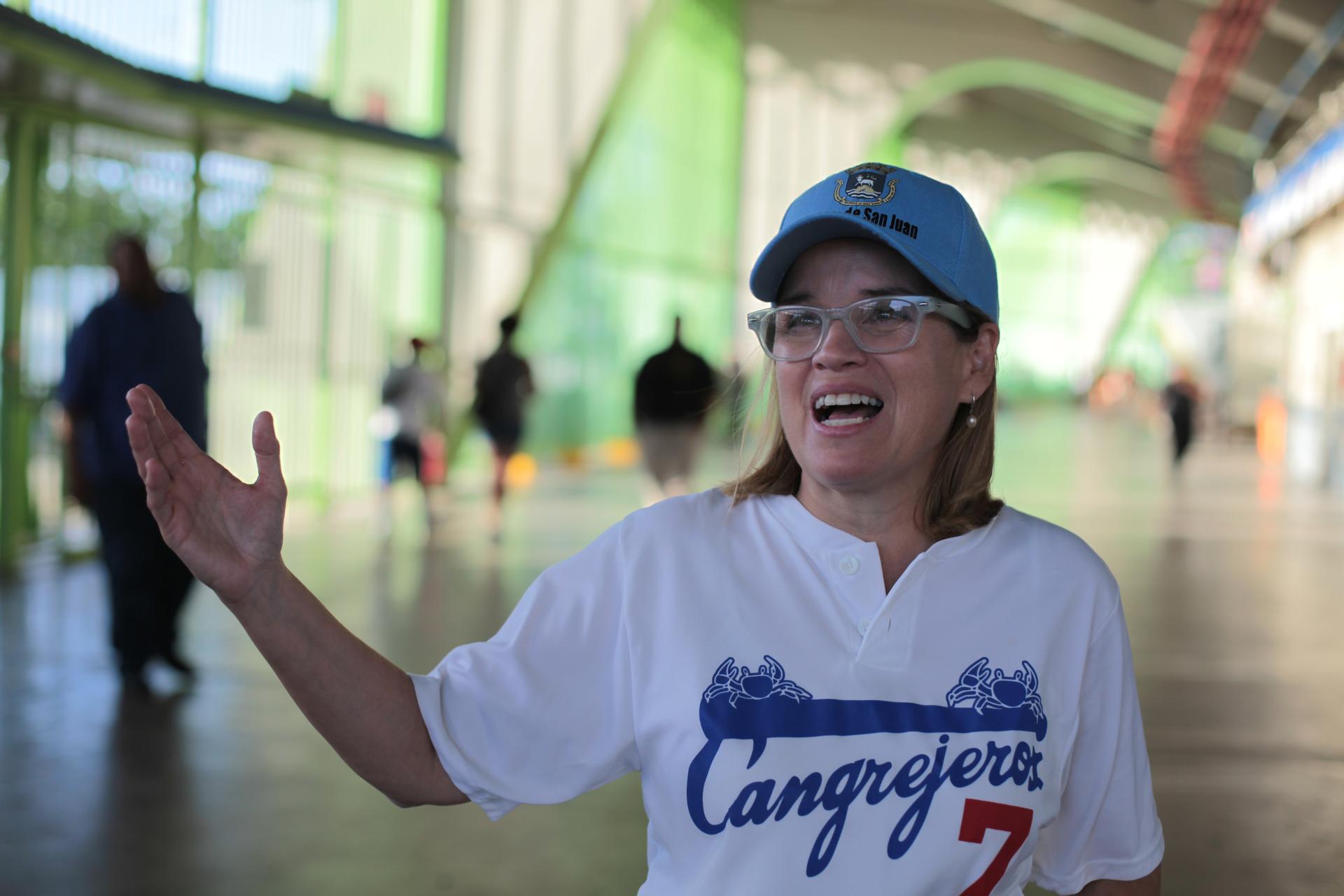 San Juan Mayor Carmen Yulin Cruz speakingafter throwing the cermonial first pitch at a celebrity baseball game. Yulin dreams of transforming the city’s electric supply and thinks solar has real promise as part of that effort.
