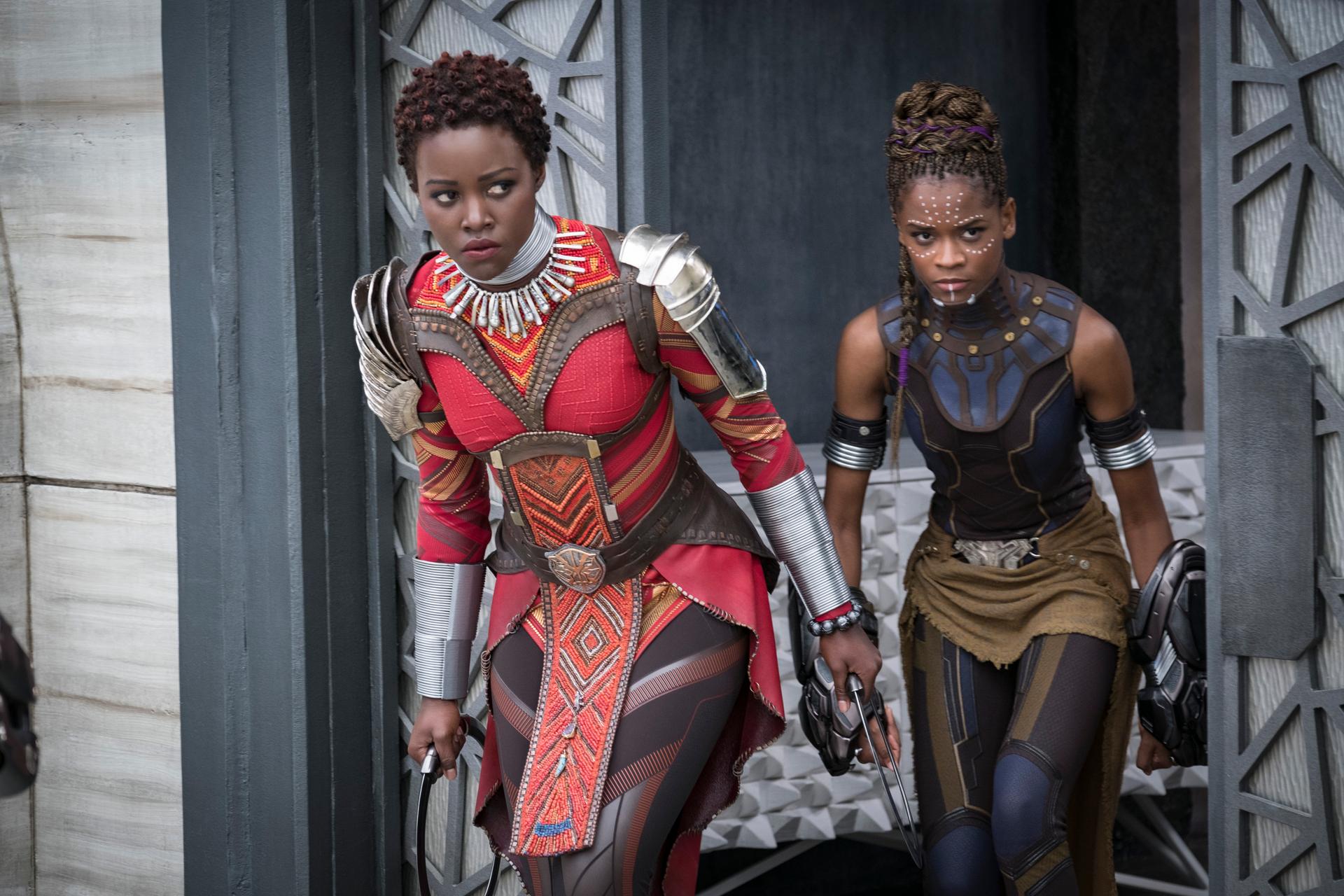 Marvel Studios' “Black Panther.” L to R: Nakia (Lupita Nyong'o) and Shuri (Letitia Wright).