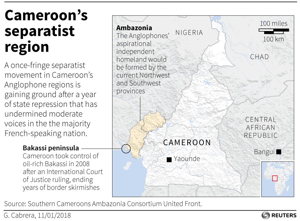 Map showing location of unrest in Cameroon.