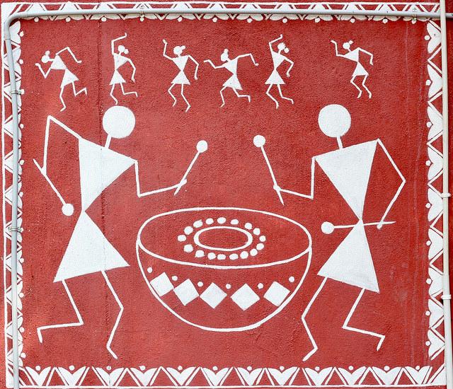 A mural depicting a ceremony involving drums found in Araku, Andhra Pradesh, India.