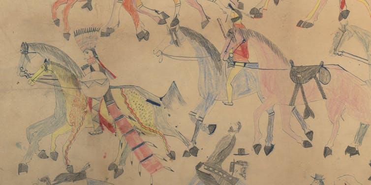 Untitled from the Red Horse Pictographic Account of the Battle of the Little Bighorn, 1881. Red Horse (Minneconjou Lakota Sioux, 1822-1907), graphite, colored pencil, and ink. NAA MS 2367A_08570700.
