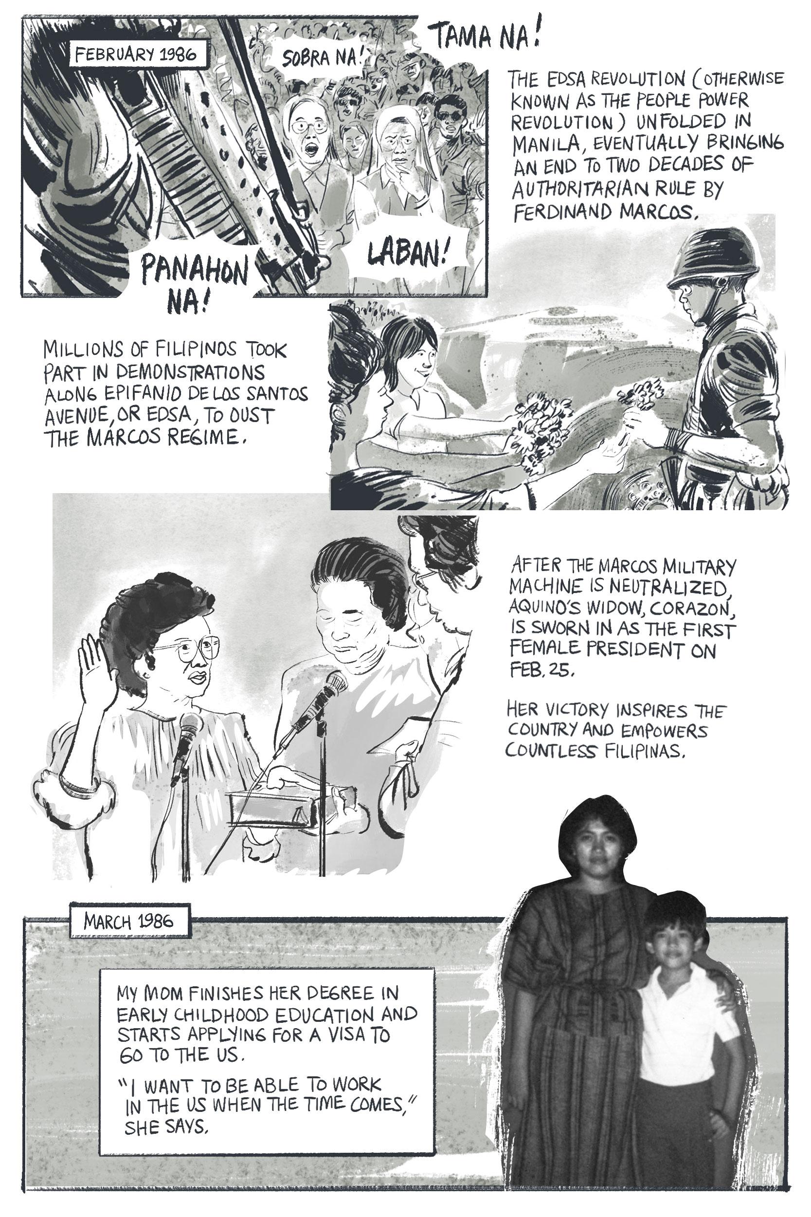 Comic panel: Scenes of political demonstrations in the Philippines; Aquino's widow, Corazon, is sworn in. Bottom: Dan's mother finishes her degree in early childhood education. At right, a photo of Dan and his mother, in 1986.