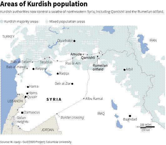 Map of Syria, Turkey, Iraq and Iraq showing Kurdish populated areas