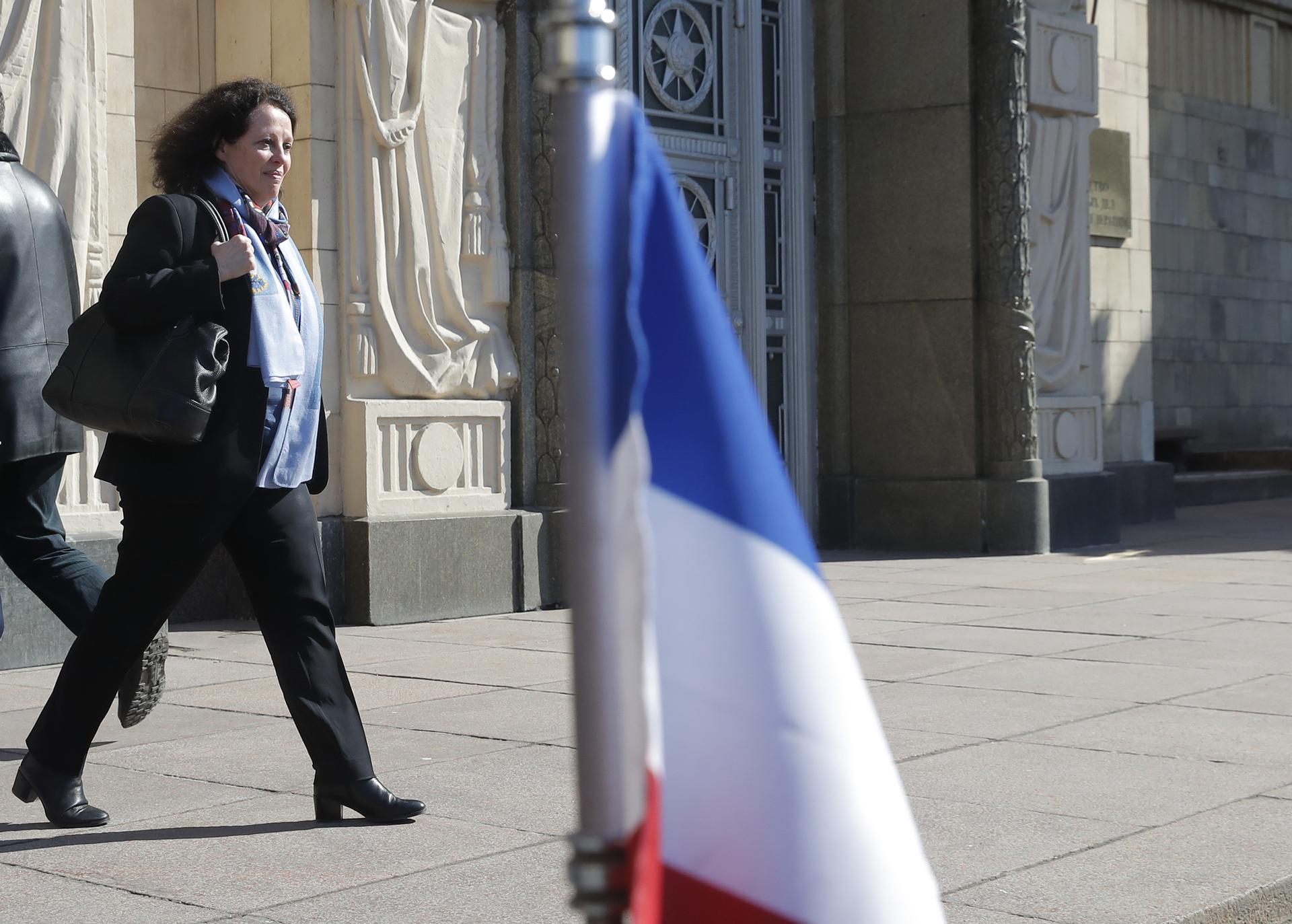 French Ambassador to Russia Sylvie Bermann is seen walking out of the Russian foreign ministry building in Moscow.
