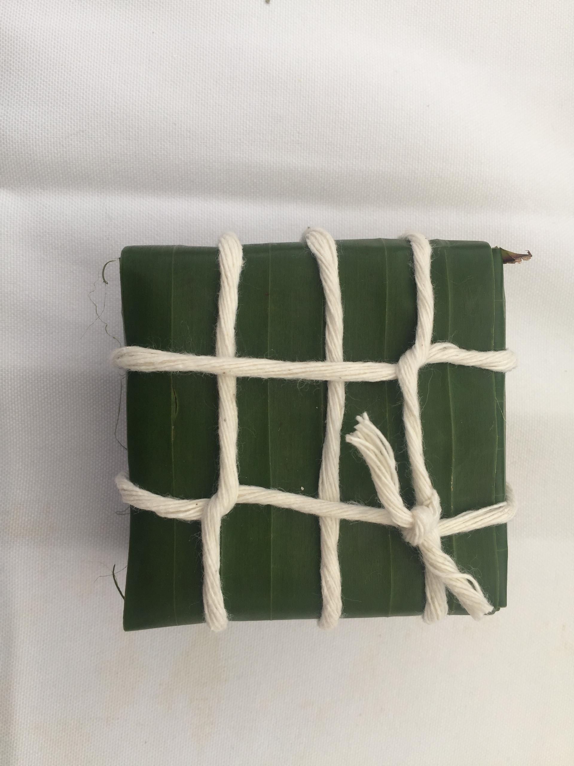Packet of food in leaf wrapping, with string around it