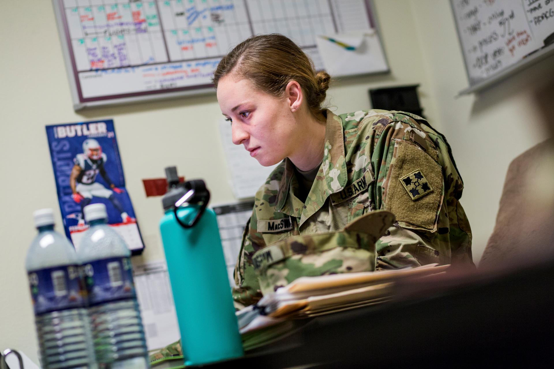 First Lieutenant Erica MacSwan at her office at Fort Carson Army base in Colorado Springs, Colorado.