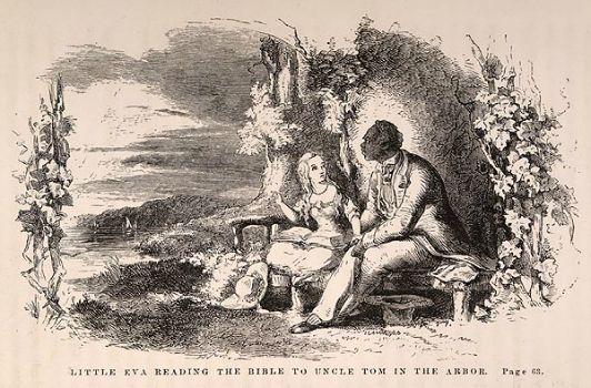 Uncle Tom sits next to Eva, the child he cares for and tends as she falls ill in Harriet Beecher Stowe's novel.
