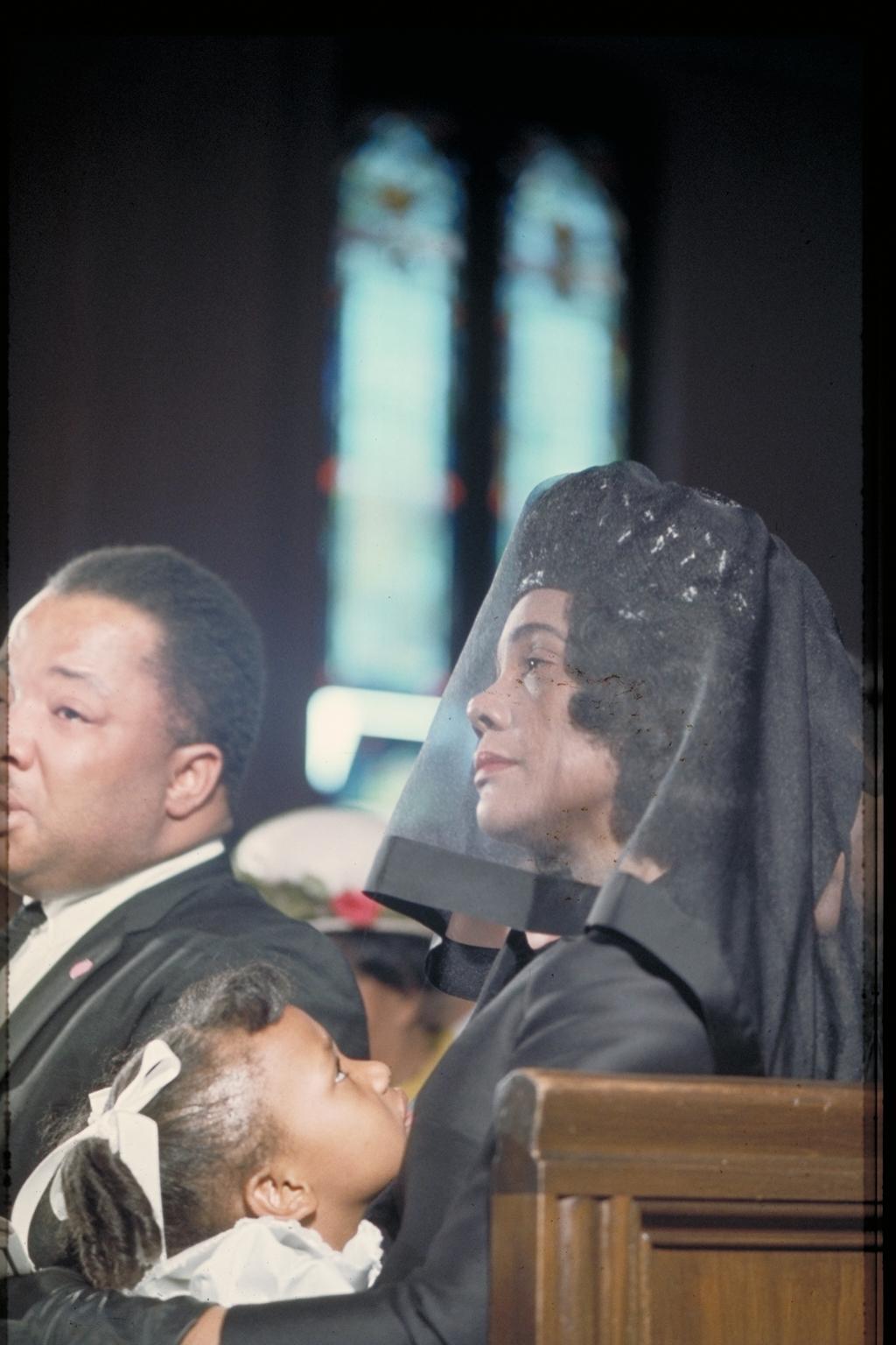 Coretta Scott King and daughter Bernice next to Albert D. King during the funeral service at Ebenezer Baptist Church.