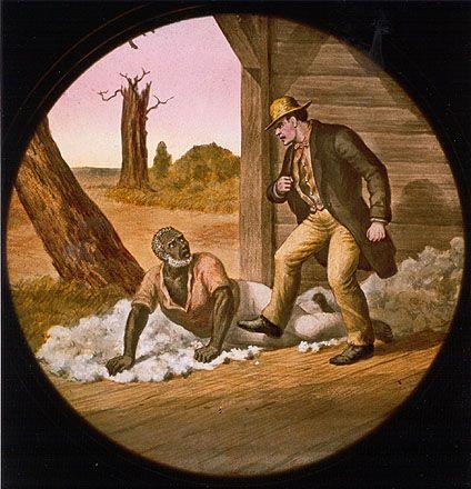 Legree threatens Tom as he is about to order Tom's fatal beating, depicted in this scene on a colored glass lantern plate. Magic lantern shows — where images were projected from glass slides in a theater — became increasingly popular to share Uncle Tom's